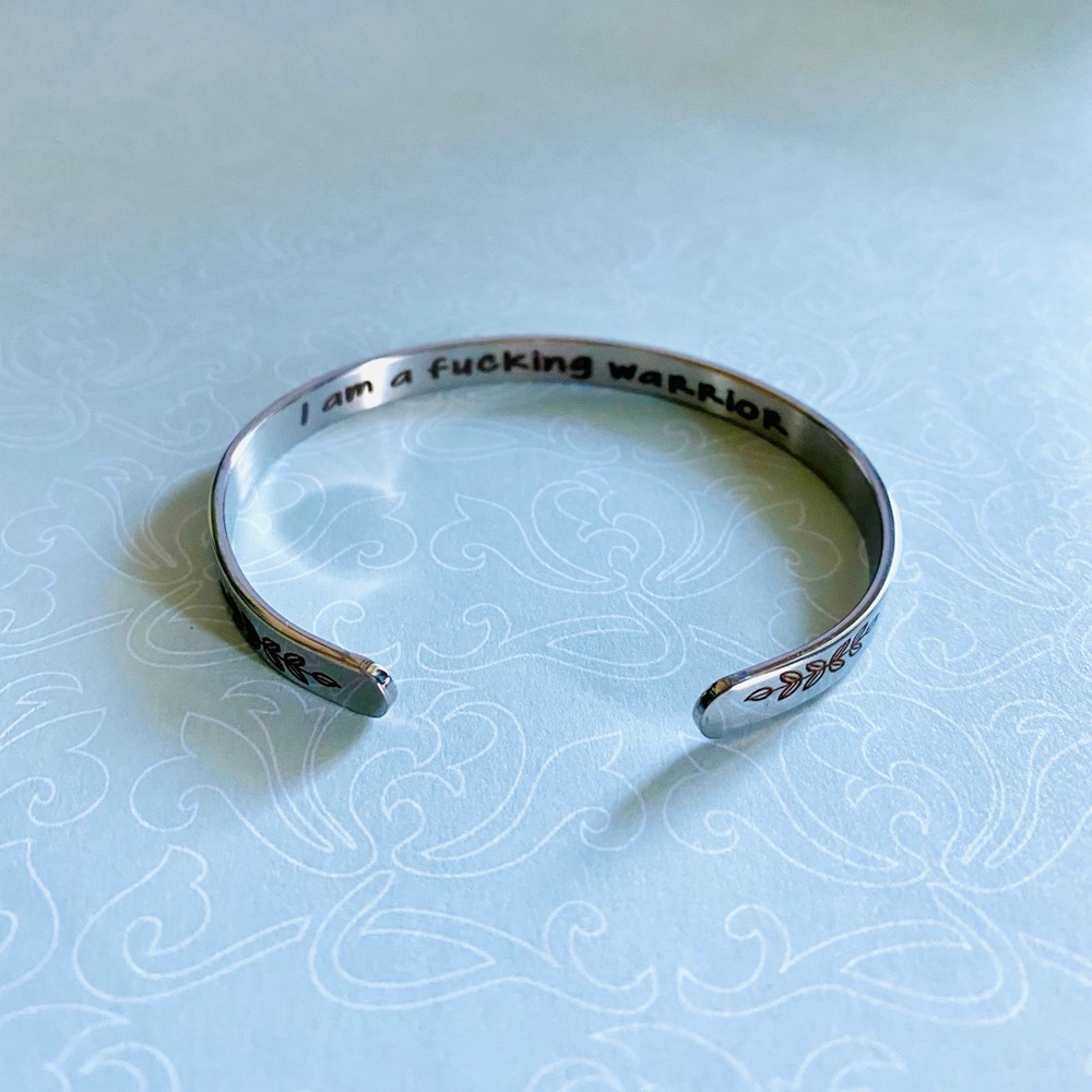 Silver Bracelet w Hidden message “I am a f*cking warrior” bangle cuff jewelry - Picture 5 of 6